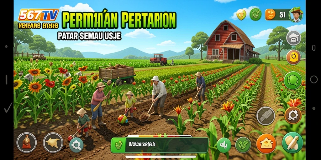 Tangkapan layar dari gameplay 567TV yang menunjukkan kebun yang indah dan berwarna-warni.