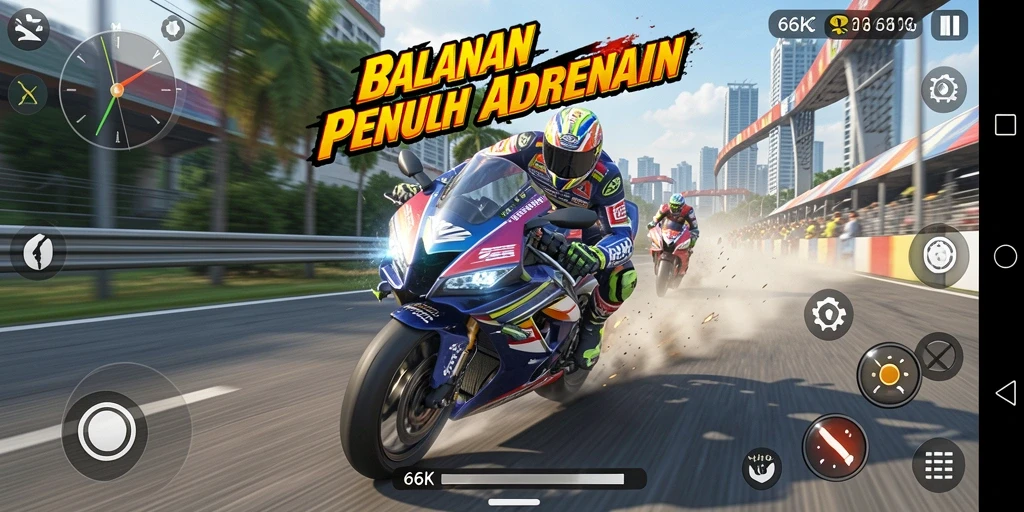 Gameplay seru dan menegangkan dalam balapan motor 66K.
