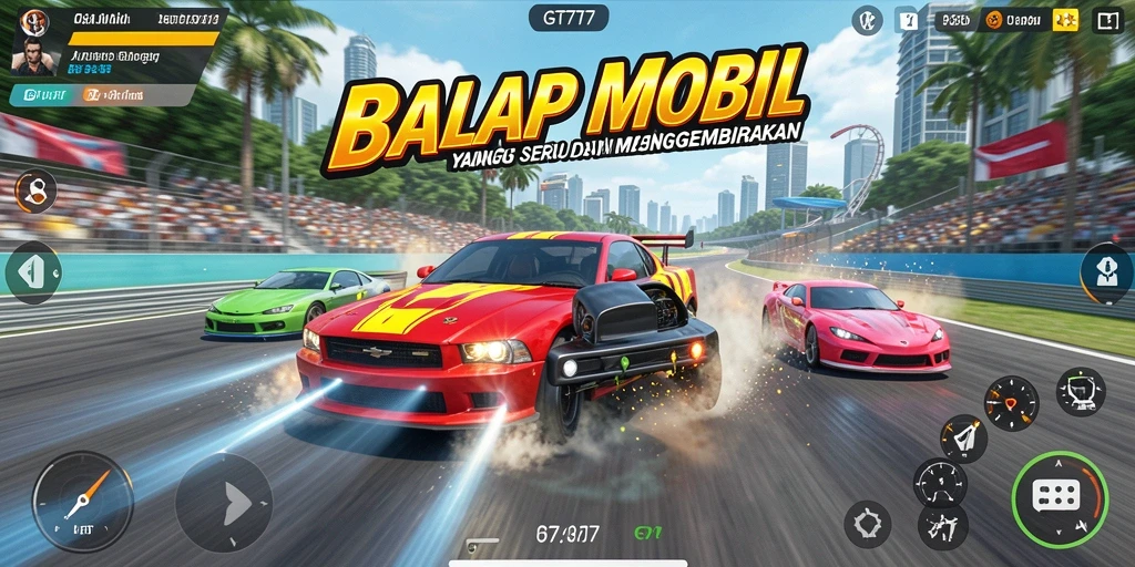 Screenshot gameplay GT777 menampilkan balapan mobil yang mendebarkan.