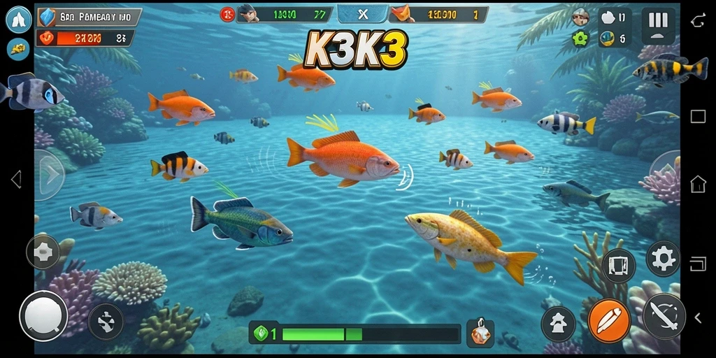 Screenshot K3K3 menampilkan aksi menembak ikan yang seru.