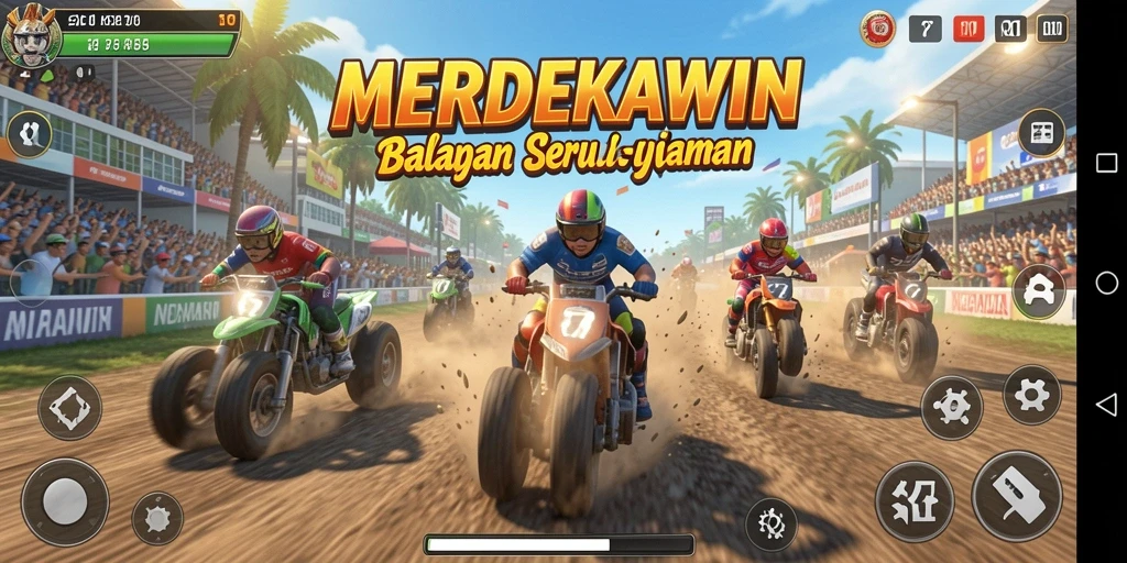 Screenshot gameplay <strong>MERDEKAWIN</strong> yang menunjukkan balapan mendebarkan di trek seru.