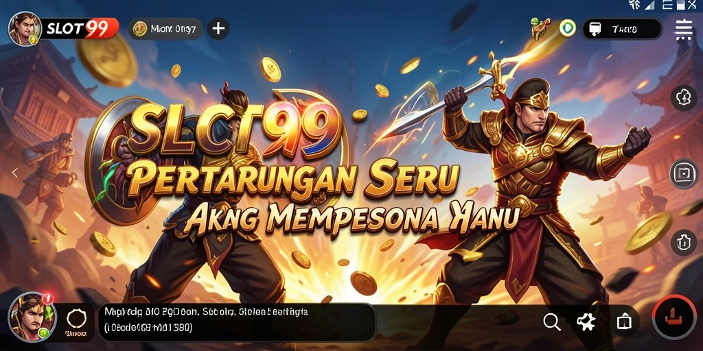 Tampilan screenshot utama SLOT99 dengan karakter bertarung di arena.