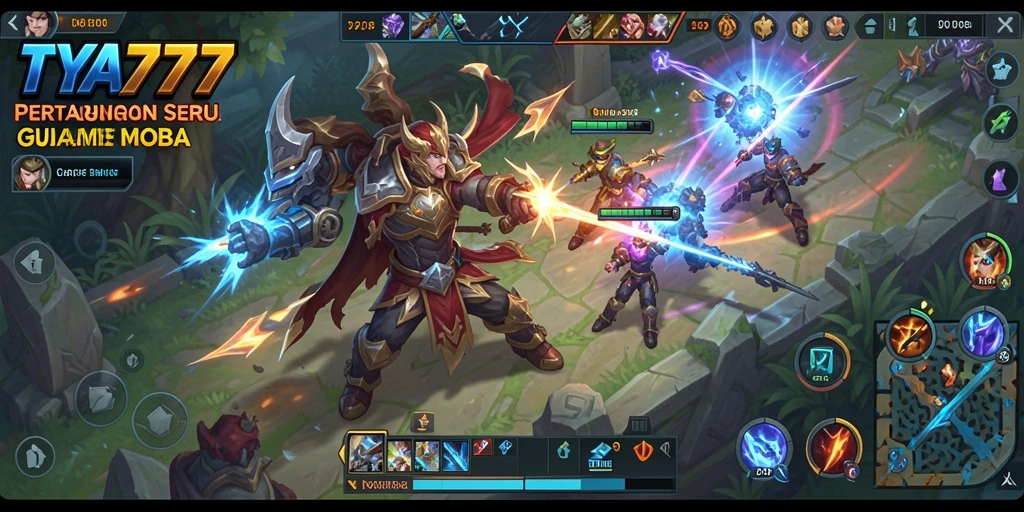 Tampilan gameplay seru di TYA777 dengan pertarungan karakter MOBA.
